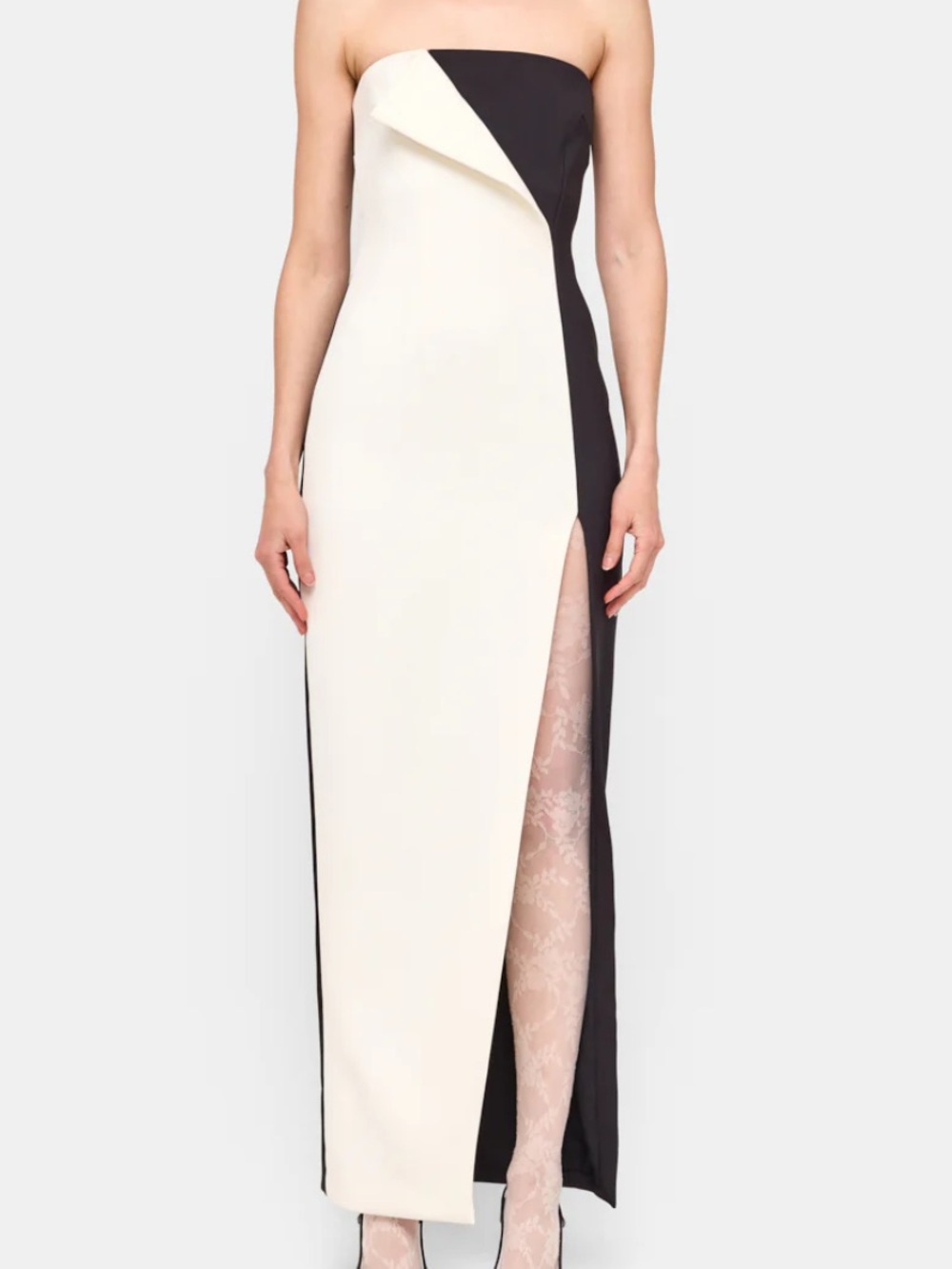 Strapless Black and Cream Column Evening Dress - Picture 3 of 3